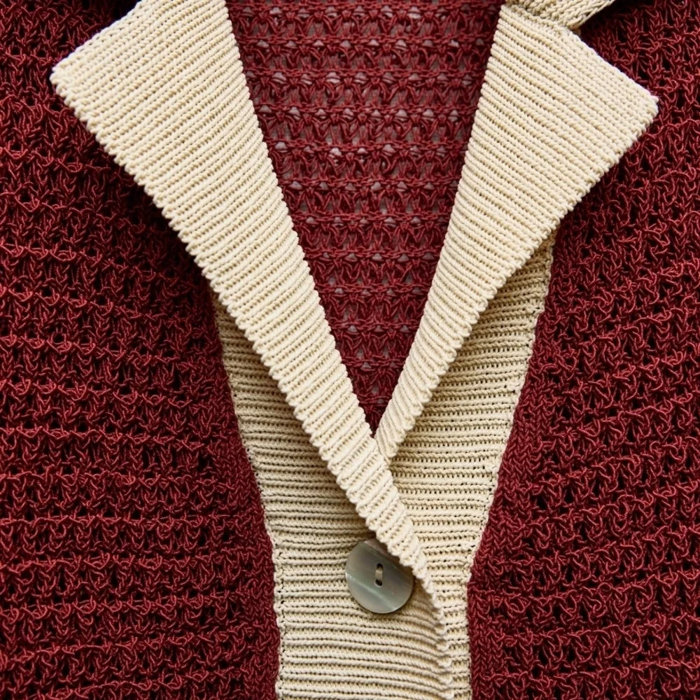NWT Zara Open Knit Button Front Collared Polo Cardigan In Burgundy/Cream - S/M